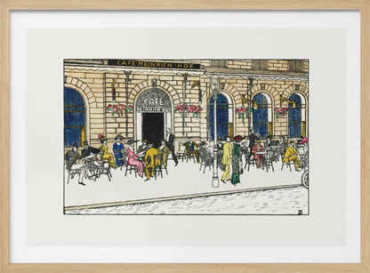 A vintage-style color illustration of the exterior of 'Cafe Heinrich Hof'. Patrons dressed in early 20th-century attire are seated at tables on the sidewalk patio, socializing under the building's arched windows. The artwork is shown within a silver frame. Decor