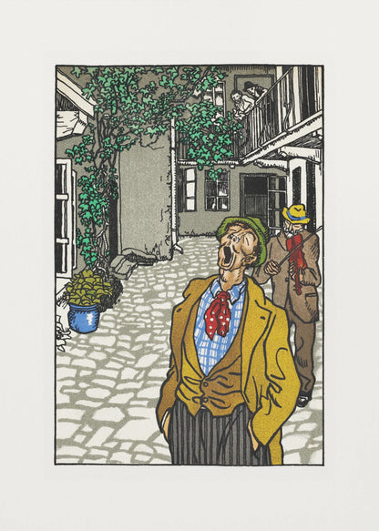 A vintage woodcut-style illustration of a man in a yellow jacket and green hat singing or yelling with his mouth wide open in a cobblestone courtyard. Behind him, another man plays a violin. The scene is framed in black with a white mat. Decor
