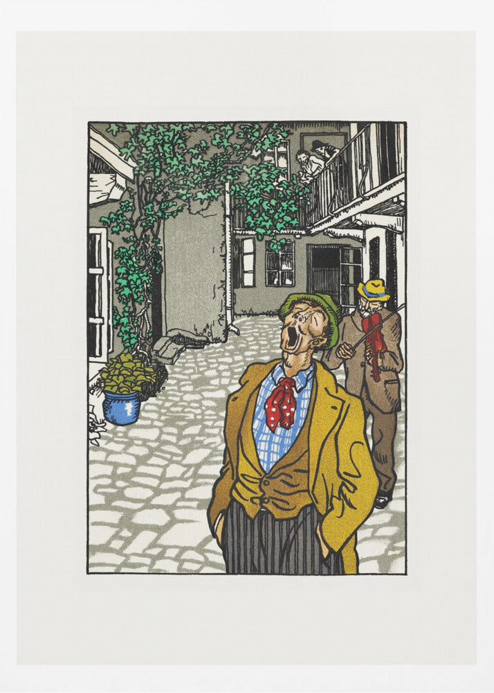 A vintage woodcut-style illustration of a man in a yellow jacket and green hat singing or yelling with his mouth wide open in a cobblestone courtyard. Behind him, another man plays a violin. The scene is framed in black with a white mat. Decor
