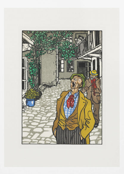 A vintage woodcut-style illustration of a man in a yellow jacket and green hat singing or yelling with his mouth wide open in a cobblestone courtyard. Behind him, another man plays a violin. The scene is framed in black with a white mat. Decor