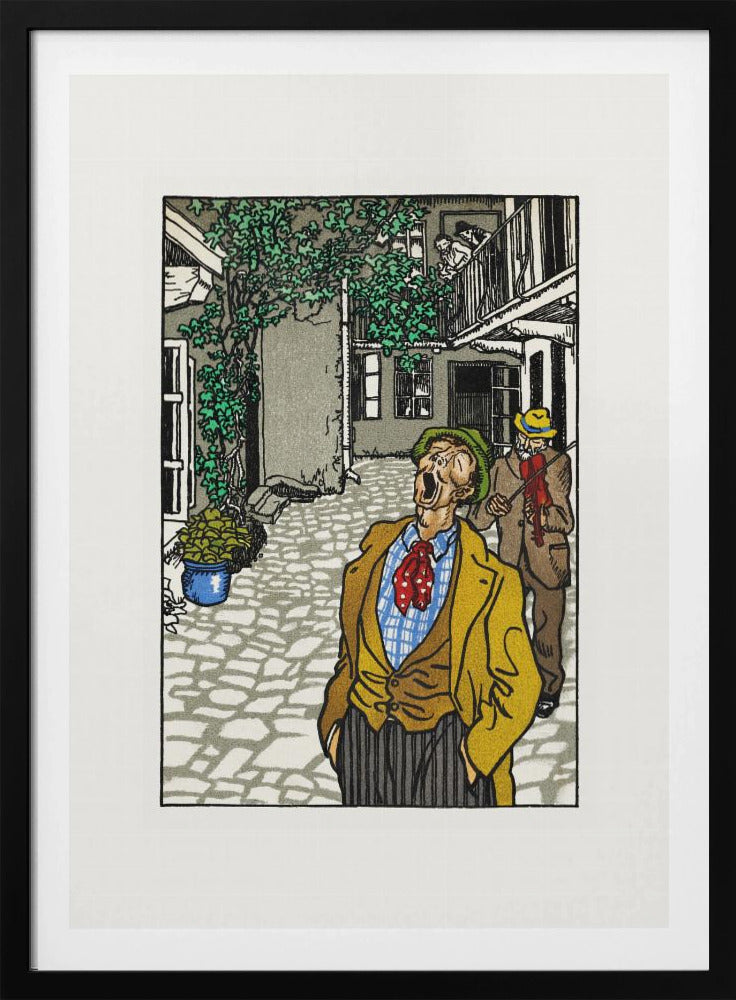 A vintage woodcut-style illustration of a man in a yellow jacket and green hat singing or yelling with his mouth wide open in a cobblestone courtyard. Behind him, another man plays a violin. The scene is framed in black with a white mat. Decor