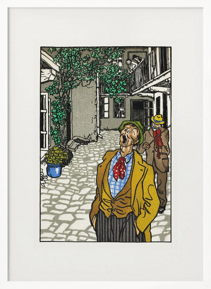 A vintage woodcut-style illustration of a man in a yellow jacket and green hat singing or yelling with his mouth wide open in a cobblestone courtyard. Behind him, another man plays a violin. The scene is framed in black with a white mat. Decor