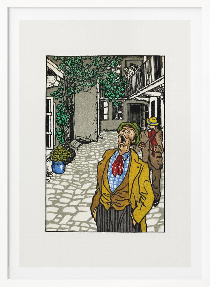 A vintage woodcut-style illustration of a man in a yellow jacket and green hat singing or yelling with his mouth wide open in a cobblestone courtyard. Behind him, another man plays a violin. The scene is framed in black with a white mat. Decor