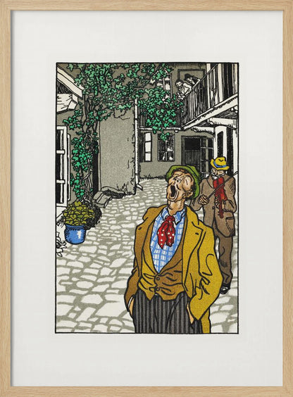 A vintage woodcut-style illustration of a man in a yellow jacket and green hat singing or yelling with his mouth wide open in a cobblestone courtyard. Behind him, another man plays a violin. The scene is framed in black with a white mat. Decor