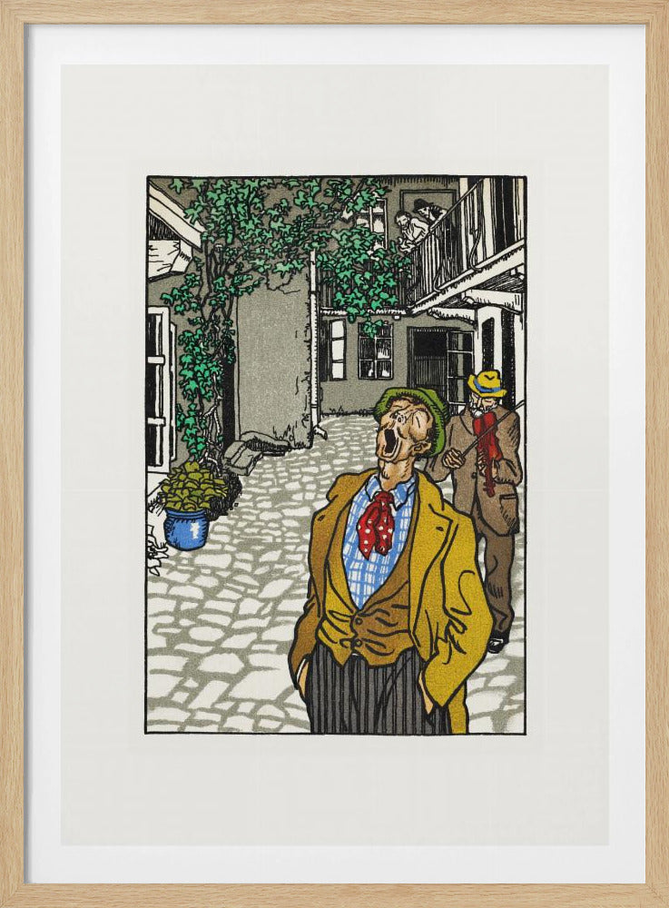 A vintage woodcut-style illustration of a man in a yellow jacket and green hat singing or yelling with his mouth wide open in a cobblestone courtyard. Behind him, another man plays a violin. The scene is framed in black with a white mat. Decor