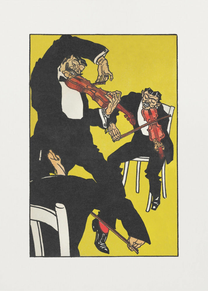 A vintage expressionist illustration featuring three stylized, grotesque male figures in black tuxedos playing violins with chaotic energy. The scene is set against a vibrant, solid yellow background, all framed with a white mat and black border. Artwork