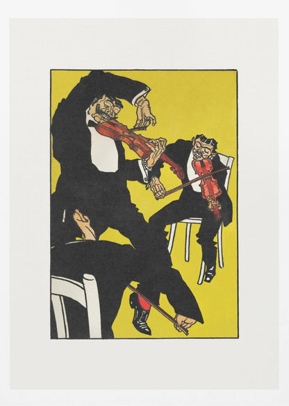 A vintage expressionist illustration featuring three stylized, grotesque male figures in black tuxedos playing violins with chaotic energy. The scene is set against a vibrant, solid yellow background, all framed with a white mat and black border. Artwork