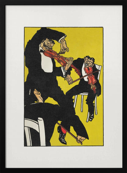A vintage expressionist illustration featuring three stylized, grotesque male figures in black tuxedos playing violins with chaotic energy. The scene is set against a vibrant, solid yellow background, all framed with a white mat and black border. Artwork
