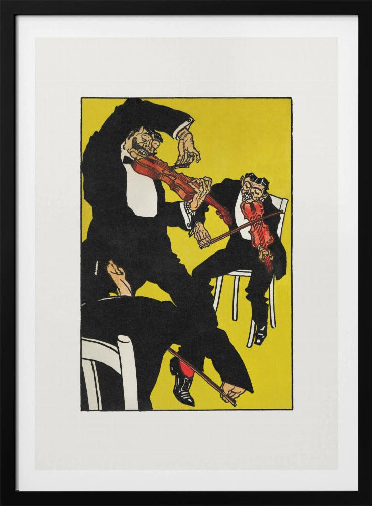 A vintage expressionist illustration featuring three stylized, grotesque male figures in black tuxedos playing violins with chaotic energy. The scene is set against a vibrant, solid yellow background, all framed with a white mat and black border. Artwork