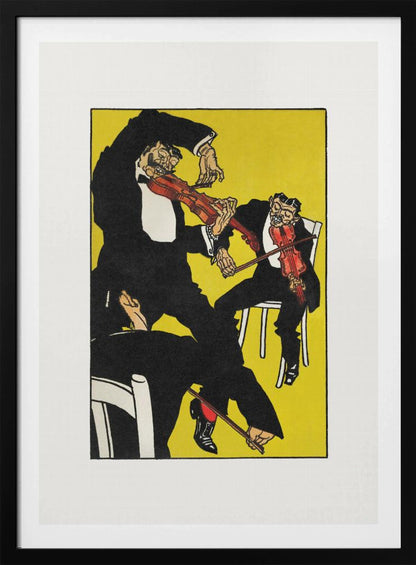 A vintage expressionist illustration featuring three stylized, grotesque male figures in black tuxedos playing violins with chaotic energy. The scene is set against a vibrant, solid yellow background, all framed with a white mat and black border. Artwork