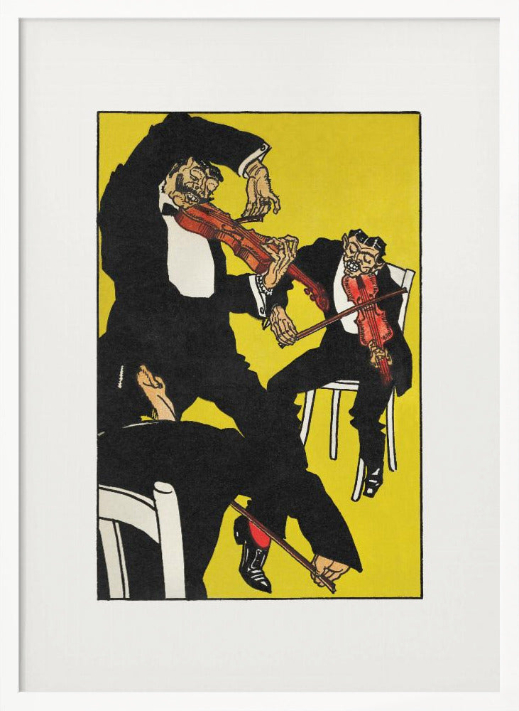 A vintage expressionist illustration featuring three stylized, grotesque male figures in black tuxedos playing violins with chaotic energy. The scene is set against a vibrant, solid yellow background, all framed with a white mat and black border. Artwork
