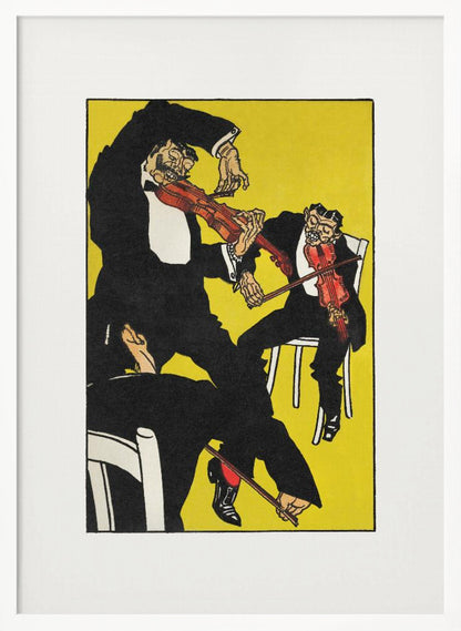 A vintage expressionist illustration featuring three stylized, grotesque male figures in black tuxedos playing violins with chaotic energy. The scene is set against a vibrant, solid yellow background, all framed with a white mat and black border. Artwork