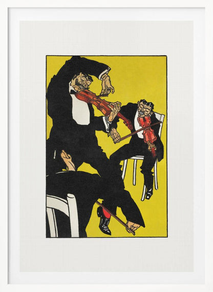 A vintage expressionist illustration featuring three stylized, grotesque male figures in black tuxedos playing violins with chaotic energy. The scene is set against a vibrant, solid yellow background, all framed with a white mat and black border. Artwork
