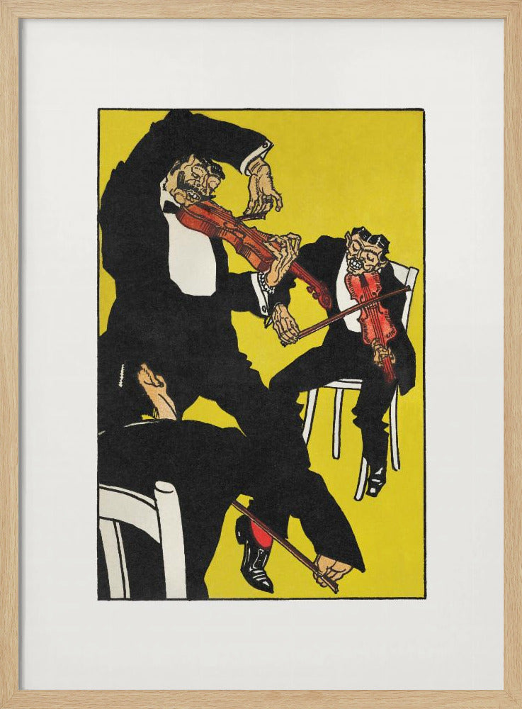 A vintage expressionist illustration featuring three stylized, grotesque male figures in black tuxedos playing violins with chaotic energy. The scene is set against a vibrant, solid yellow background, all framed with a white mat and black border. Artwork