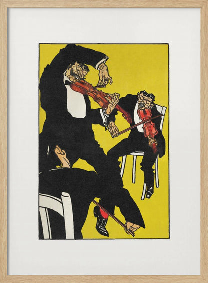 A vintage expressionist illustration featuring three stylized, grotesque male figures in black tuxedos playing violins with chaotic energy. The scene is set against a vibrant, solid yellow background, all framed with a white mat and black border. Artwork