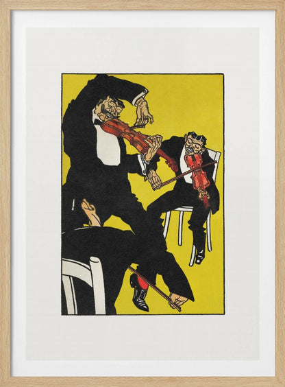 A vintage expressionist illustration featuring three stylized, grotesque male figures in black tuxedos playing violins with chaotic energy. The scene is set against a vibrant, solid yellow background, all framed with a white mat and black border. Artwork