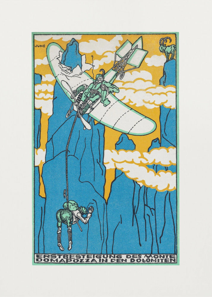 A vintage Art Nouveau style illustration by Jung depicting a fantastical mountain ascent. A small biplane flies over steep blue mountains against a yellow sky, lowering a climber on a rope. A mountain goat watches from a peak. Artwork