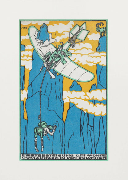 A vintage Art Nouveau style illustration by Jung depicting a fantastical mountain ascent. A small biplane flies over steep blue mountains against a yellow sky, lowering a climber on a rope. A mountain goat watches from a peak. Artwork