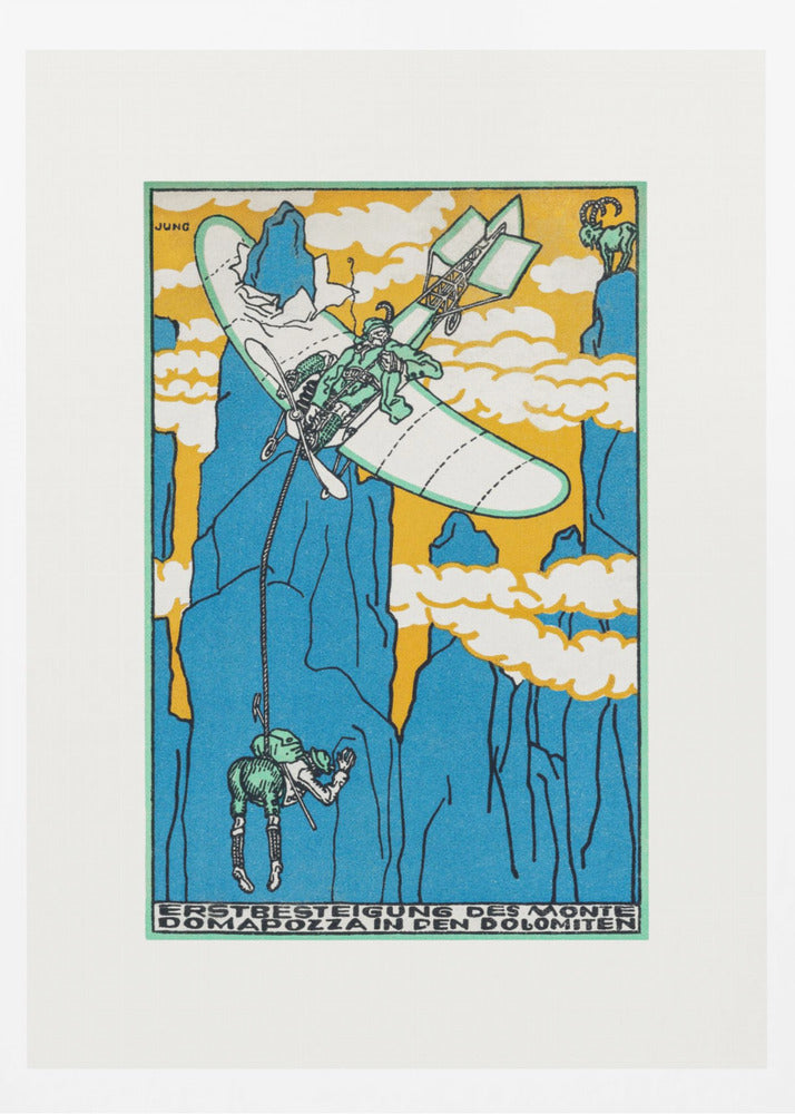 A vintage Art Nouveau style illustration by Jung depicting a fantastical mountain ascent. A small biplane flies over steep blue mountains against a yellow sky, lowering a climber on a rope. A mountain goat watches from a peak. Artwork