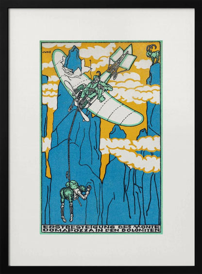 A vintage Art Nouveau style illustration by Jung depicting a fantastical mountain ascent. A small biplane flies over steep blue mountains against a yellow sky, lowering a climber on a rope. A mountain goat watches from a peak. Artwork