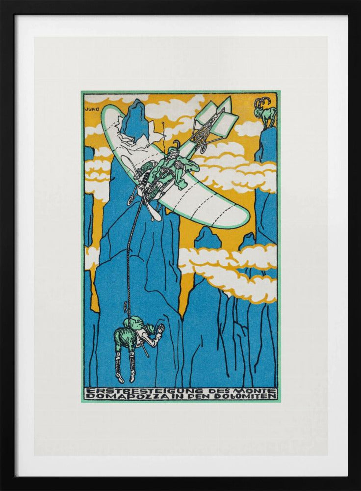 A vintage Art Nouveau style illustration by Jung depicting a fantastical mountain ascent. A small biplane flies over steep blue mountains against a yellow sky, lowering a climber on a rope. A mountain goat watches from a peak. Artwork