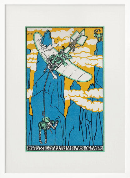 A vintage Art Nouveau style illustration by Jung depicting a fantastical mountain ascent. A small biplane flies over steep blue mountains against a yellow sky, lowering a climber on a rope. A mountain goat watches from a peak. Artwork