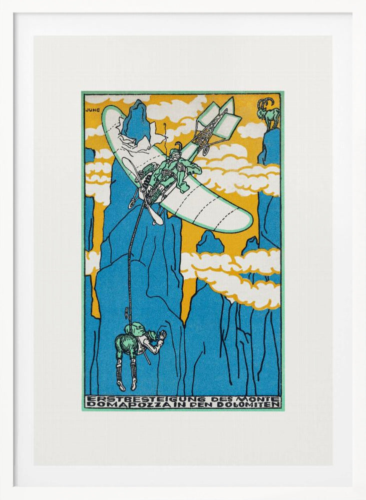 A vintage Art Nouveau style illustration by Jung depicting a fantastical mountain ascent. A small biplane flies over steep blue mountains against a yellow sky, lowering a climber on a rope. A mountain goat watches from a peak. Artwork