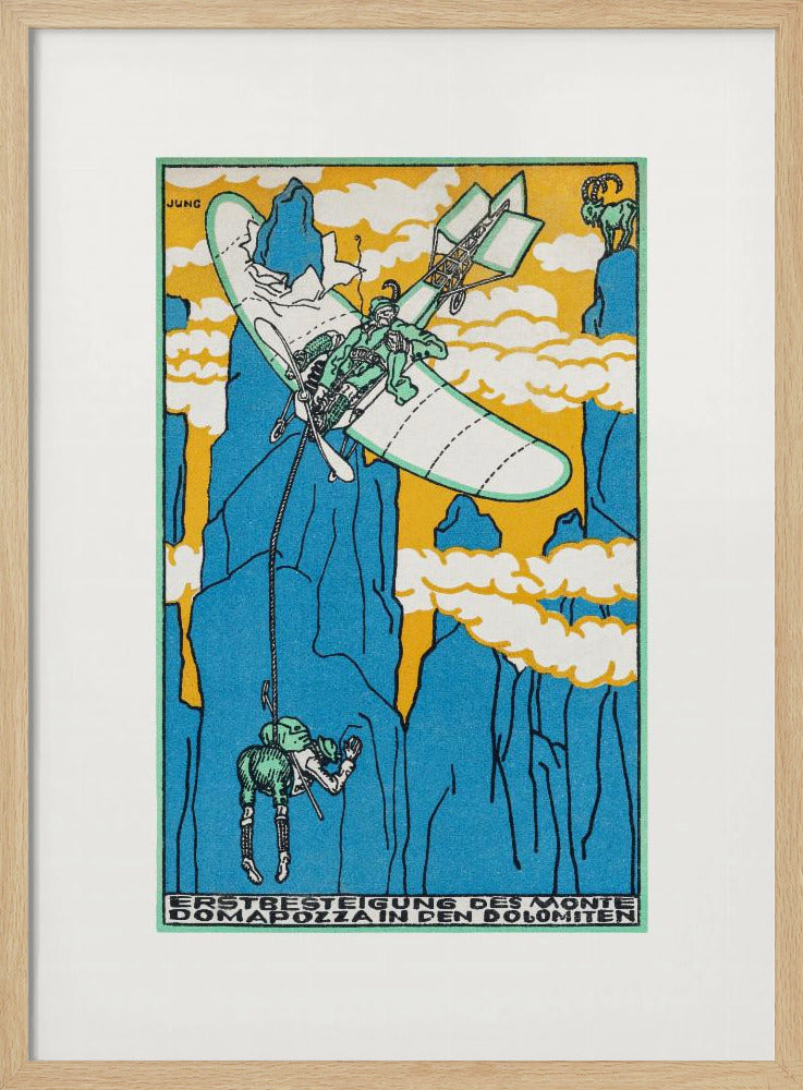 A vintage Art Nouveau style illustration by Jung depicting a fantastical mountain ascent. A small biplane flies over steep blue mountains against a yellow sky, lowering a climber on a rope. A mountain goat watches from a peak. Artwork