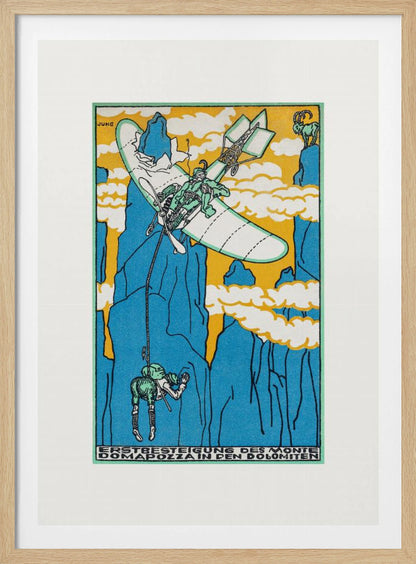 A vintage Art Nouveau style illustration by Jung depicting a fantastical mountain ascent. A small biplane flies over steep blue mountains against a yellow sky, lowering a climber on a rope. A mountain goat watches from a peak. Artwork