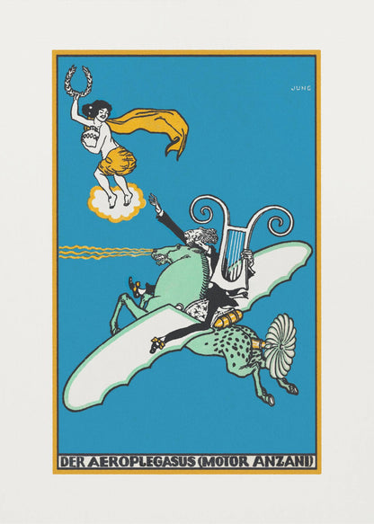 A vintage German illustration titled 'Der Aeroplegasus (Motor Anzani)' by Jung, featuring a whimsical scene against a bright blue background. A man in a tuxedo rides a green, winged horse with mechanical parts, holding a lyre, while a woman on a cloud above offers a laurel wreath. Print