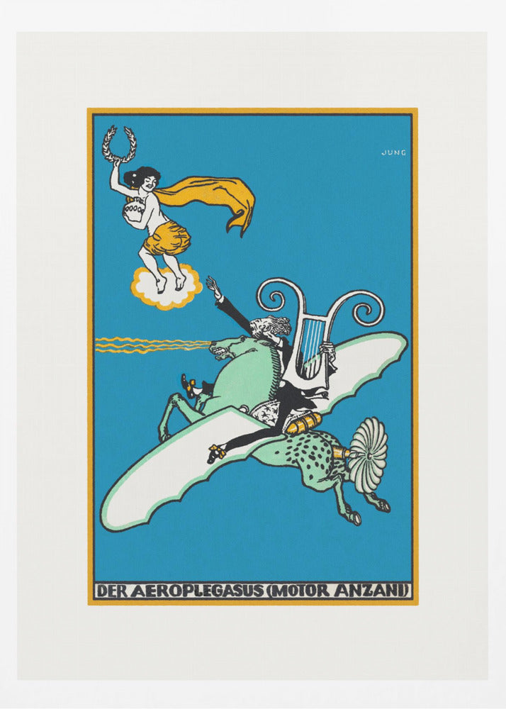 A vintage German illustration titled 'Der Aeroplegasus (Motor Anzani)' by Jung, featuring a whimsical scene against a bright blue background. A man in a tuxedo rides a green, winged horse with mechanical parts, holding a lyre, while a woman on a cloud above offers a laurel wreath. Print