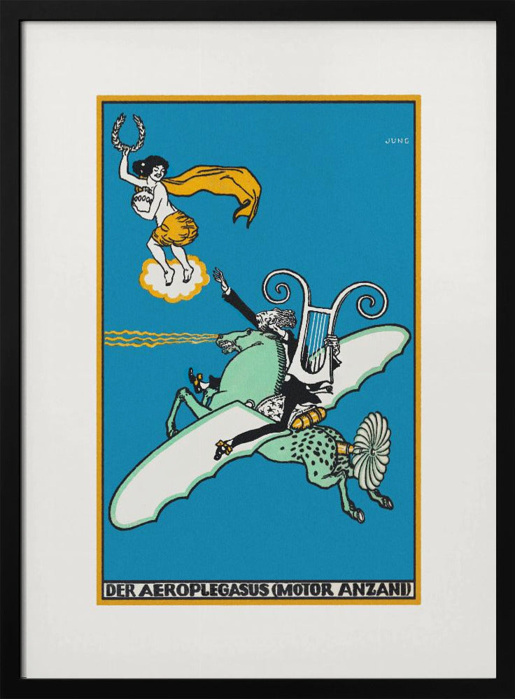 A vintage German illustration titled 'Der Aeroplegasus (Motor Anzani)' by Jung, featuring a whimsical scene against a bright blue background. A man in a tuxedo rides a green, winged horse with mechanical parts, holding a lyre, while a woman on a cloud above offers a laurel wreath. Print
