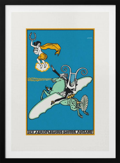 A vintage German illustration titled 'Der Aeroplegasus (Motor Anzani)' by Jung, featuring a whimsical scene against a bright blue background. A man in a tuxedo rides a green, winged horse with mechanical parts, holding a lyre, while a woman on a cloud above offers a laurel wreath. Print