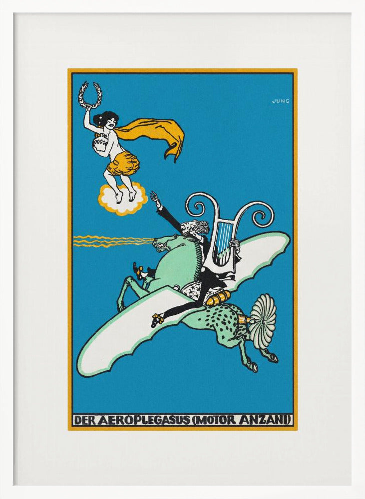 A vintage German illustration titled 'Der Aeroplegasus (Motor Anzani)' by Jung, featuring a whimsical scene against a bright blue background. A man in a tuxedo rides a green, winged horse with mechanical parts, holding a lyre, while a woman on a cloud above offers a laurel wreath. Print