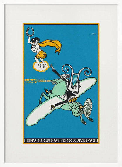 A vintage German illustration titled 'Der Aeroplegasus (Motor Anzani)' by Jung, featuring a whimsical scene against a bright blue background. A man in a tuxedo rides a green, winged horse with mechanical parts, holding a lyre, while a woman on a cloud above offers a laurel wreath. Print