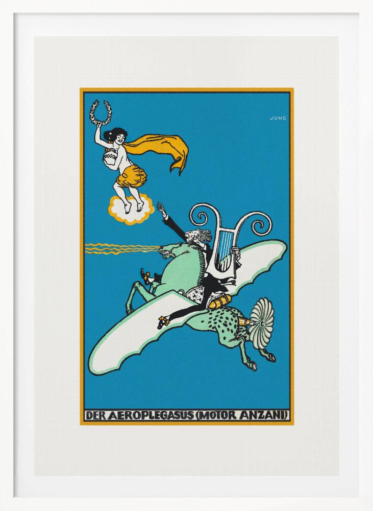 A vintage German illustration titled 'Der Aeroplegasus (Motor Anzani)' by Jung, featuring a whimsical scene against a bright blue background. A man in a tuxedo rides a green, winged horse with mechanical parts, holding a lyre, while a woman on a cloud above offers a laurel wreath. Print