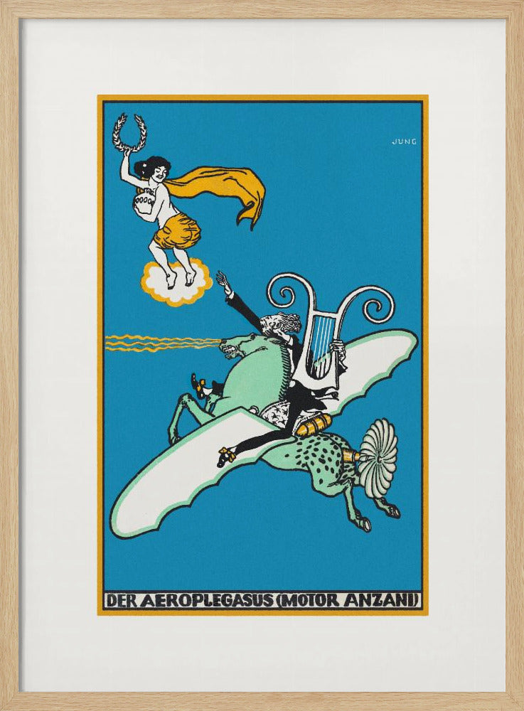 A vintage German illustration titled 'Der Aeroplegasus (Motor Anzani)' by Jung, featuring a whimsical scene against a bright blue background. A man in a tuxedo rides a green, winged horse with mechanical parts, holding a lyre, while a woman on a cloud above offers a laurel wreath. Print