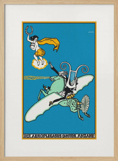 A vintage German illustration titled 'Der Aeroplegasus (Motor Anzani)' by Jung, featuring a whimsical scene against a bright blue background. A man in a tuxedo rides a green, winged horse with mechanical parts, holding a lyre, while a woman on a cloud above offers a laurel wreath. Print