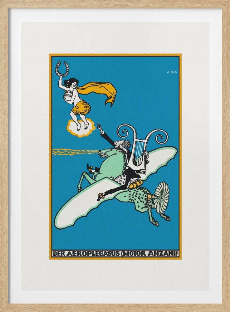 A vintage German illustration titled 'Der Aeroplegasus (Motor Anzani)' by Jung, featuring a whimsical scene against a bright blue background. A man in a tuxedo rides a green, winged horse with mechanical parts, holding a lyre, while a woman on a cloud above offers a laurel wreath. Print