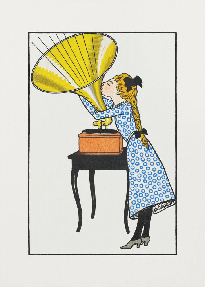 A vintage-style color illustration of a young girl with blonde braids and a blue patterned dress kissing the large yellow horn of a phonograph that sits on a small black table. Poster