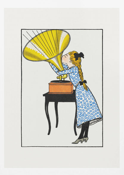 A vintage-style color illustration of a young girl with blonde braids and a blue patterned dress kissing the large yellow horn of a phonograph that sits on a small black table. Poster
