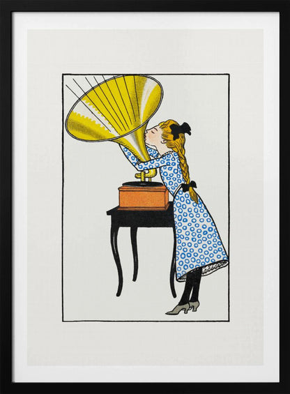 A vintage-style color illustration of a young girl with blonde braids and a blue patterned dress kissing the large yellow horn of a phonograph that sits on a small black table. Poster