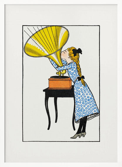 A vintage-style color illustration of a young girl with blonde braids and a blue patterned dress kissing the large yellow horn of a phonograph that sits on a small black table. Poster