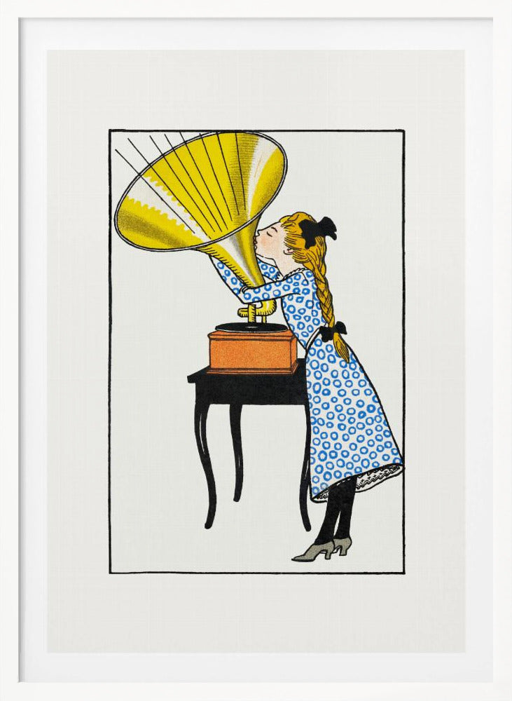 A vintage-style color illustration of a young girl with blonde braids and a blue patterned dress kissing the large yellow horn of a phonograph that sits on a small black table. Poster