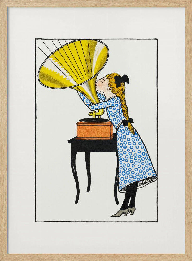 A vintage-style color illustration of a young girl with blonde braids and a blue patterned dress kissing the large yellow horn of a phonograph that sits on a small black table. Poster