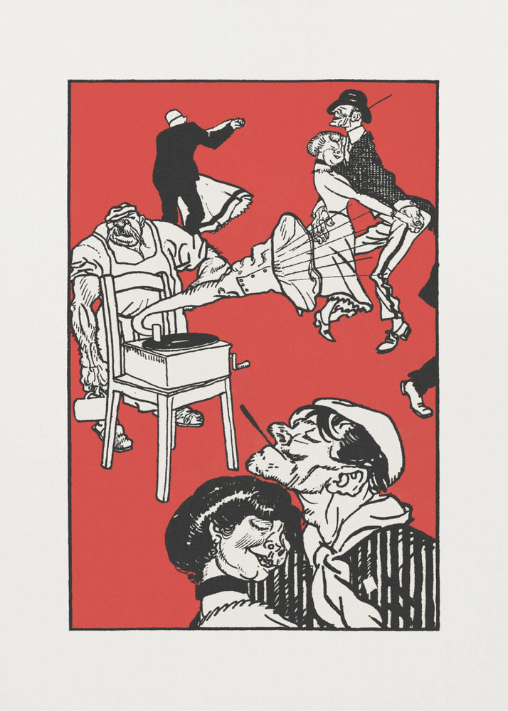 A vintage-style black and white illustration on a bright red background depicting a chaotic and lively dance scene. Several couples dance with exaggerated, energetic movements. In the foreground, a sailor with a cigarette gets close to a woman, and to the left, a large, muscular man operates a record player that is sitting on a chair. Wall Art