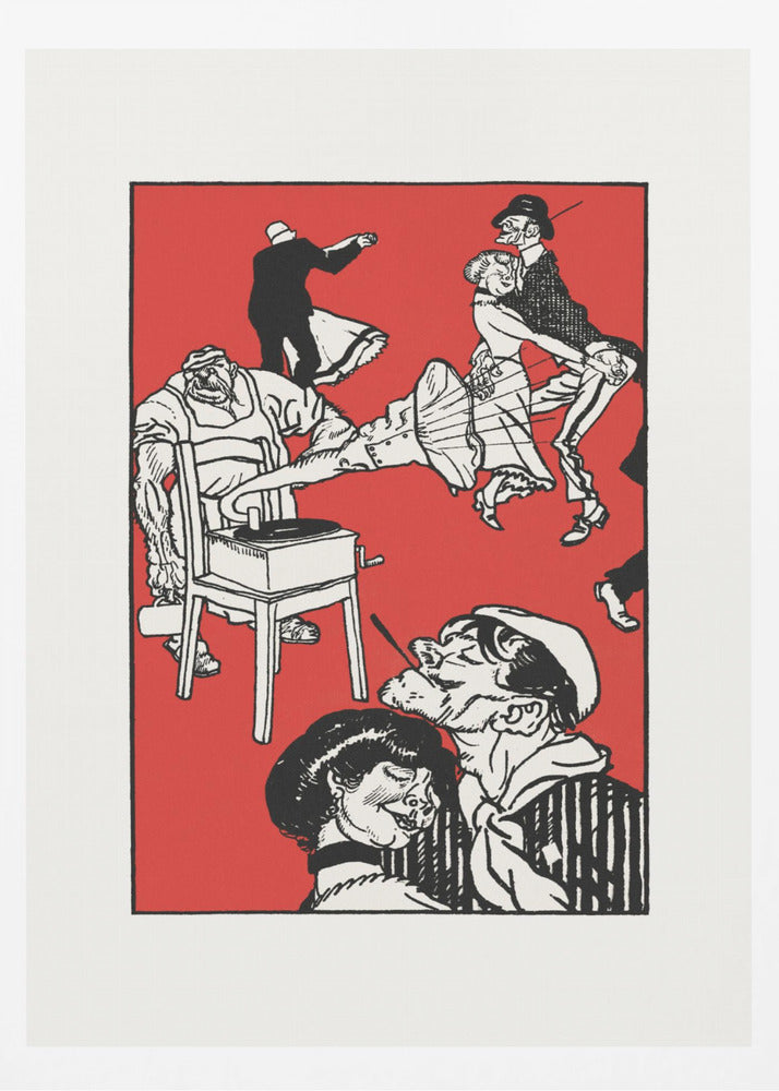 A vintage-style black and white illustration on a bright red background depicting a chaotic and lively dance scene. Several couples dance with exaggerated, energetic movements. In the foreground, a sailor with a cigarette gets close to a woman, and to the left, a large, muscular man operates a record player that is sitting on a chair. Wall Art