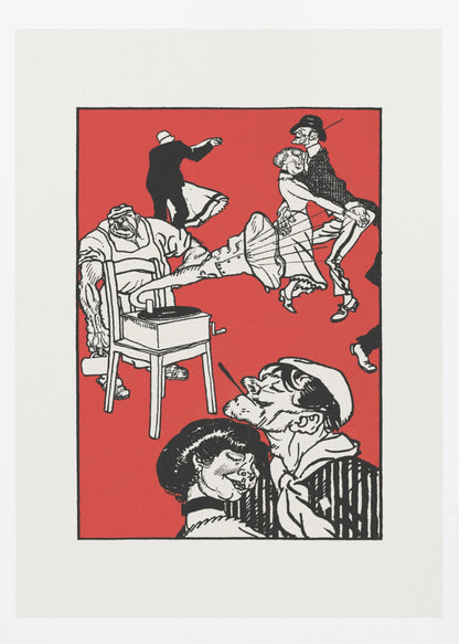 A vintage-style black and white illustration on a bright red background depicting a chaotic and lively dance scene. Several couples dance with exaggerated, energetic movements. In the foreground, a sailor with a cigarette gets close to a woman, and to the left, a large, muscular man operates a record player that is sitting on a chair. Wall Art