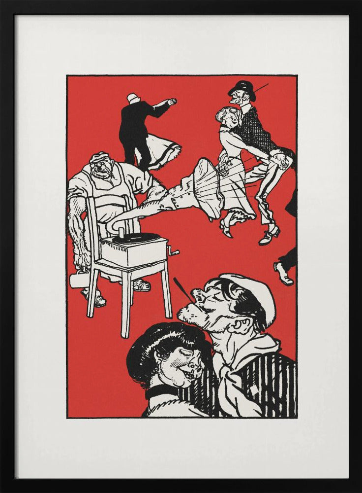 A vintage-style black and white illustration on a bright red background depicting a chaotic and lively dance scene. Several couples dance with exaggerated, energetic movements. In the foreground, a sailor with a cigarette gets close to a woman, and to the left, a large, muscular man operates a record player that is sitting on a chair. Wall Art