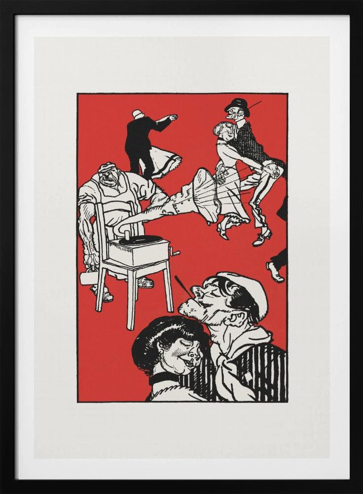 A vintage-style black and white illustration on a bright red background depicting a chaotic and lively dance scene. Several couples dance with exaggerated, energetic movements. In the foreground, a sailor with a cigarette gets close to a woman, and to the left, a large, muscular man operates a record player that is sitting on a chair. Wall Art